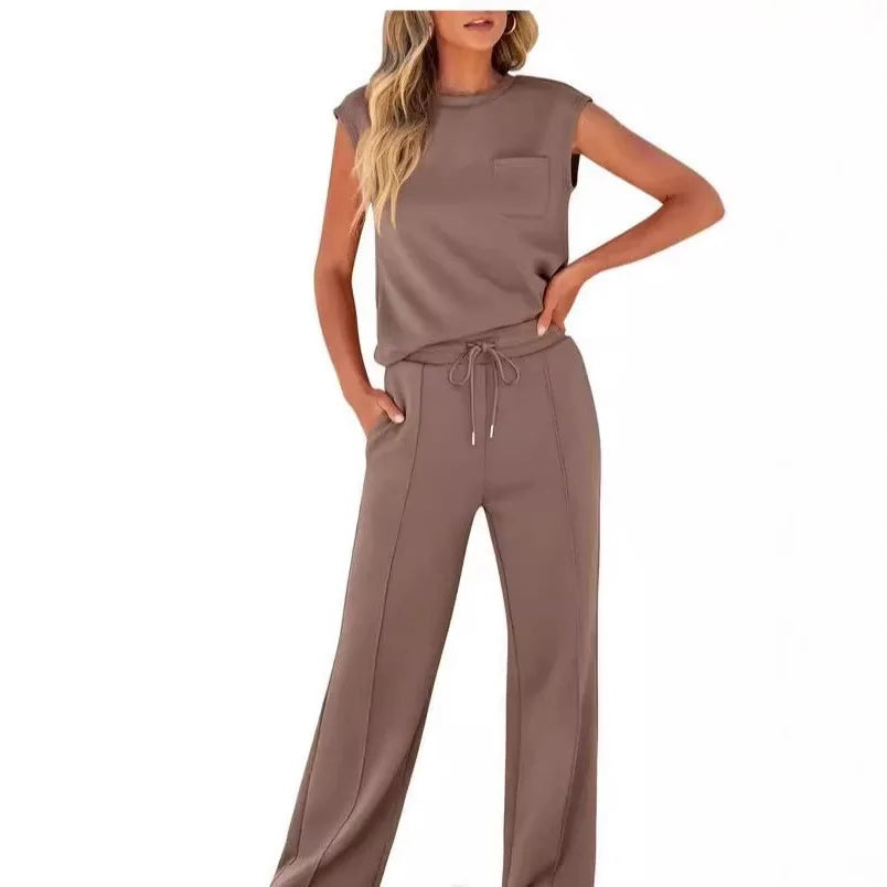 Women's Casual Two-Piece Set High Waist Wide Leg Pants Sleeveless Pure Color New Arrival Comfortable Summer Outfit