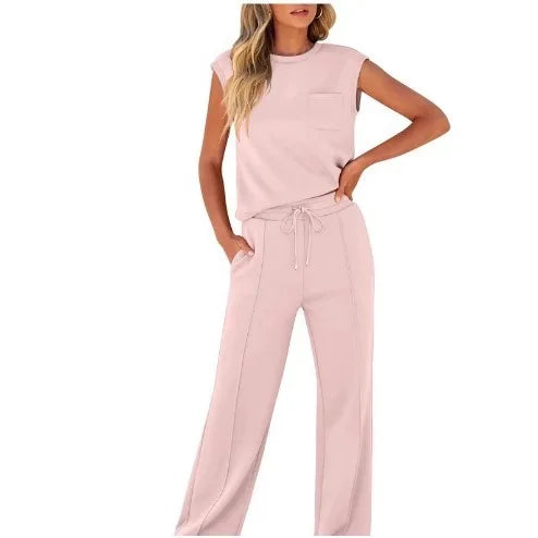 Women's Casual Two-Piece Set High Waist Wide Leg Pants Sleeveless Pure Color New Arrival Comfortable Summer Outfit