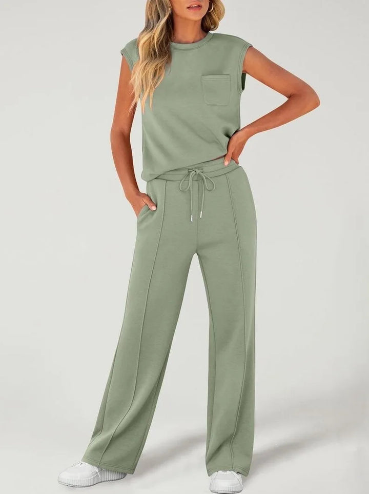 Women's Casual Two-Piece Set High Waist Wide Leg Pants Sleeveless Pure Color New Arrival Comfortable Summer Outfit