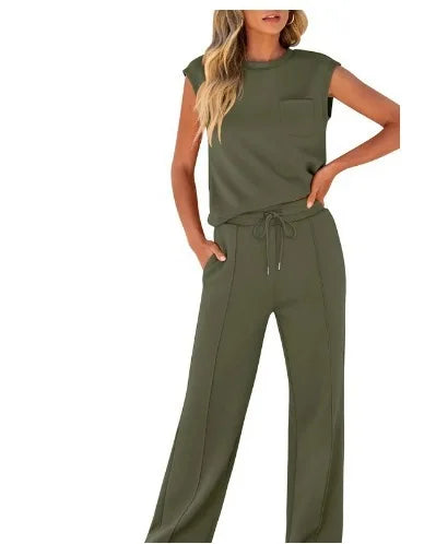 Women's Casual Two-Piece Set High Waist Wide Leg Pants Sleeveless Pure Color New Arrival Comfortable Summer Outfit
