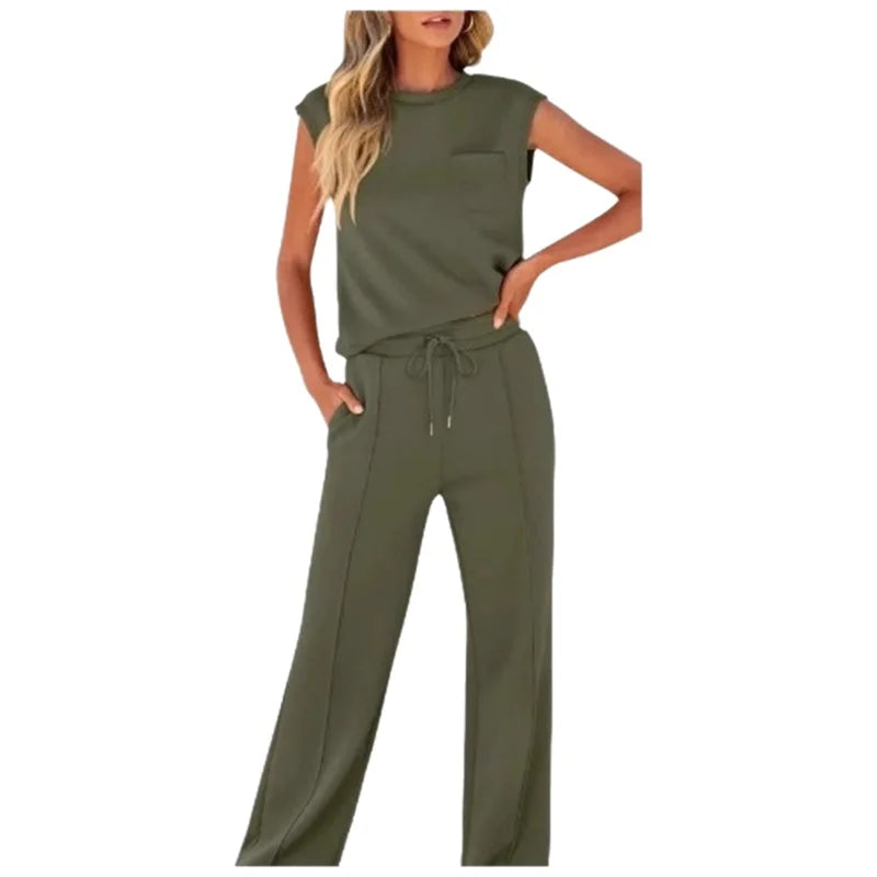 Women's Casual Two-Piece Set High Waist Wide Leg Pants Sleeveless Pure Color New Arrival Comfortable Summer Outfit