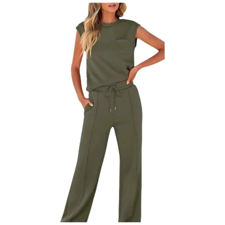 Women's Casual Two-Piece Set High Waist Wide Leg Pants Sleeveless Pure Color New Arrival Comfortable Summer Outfit
