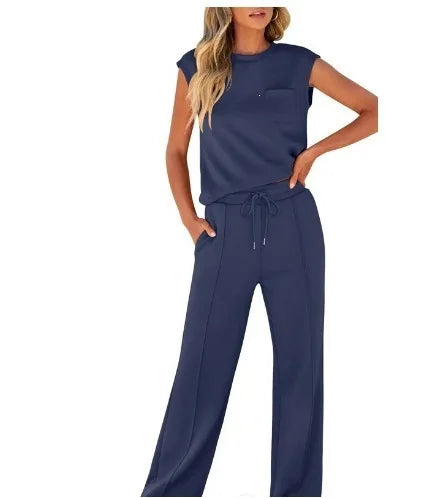 Women's Casual Two-Piece Set High Waist Wide Leg Pants Sleeveless Pure Color New Arrival Comfortable Summer Outfit