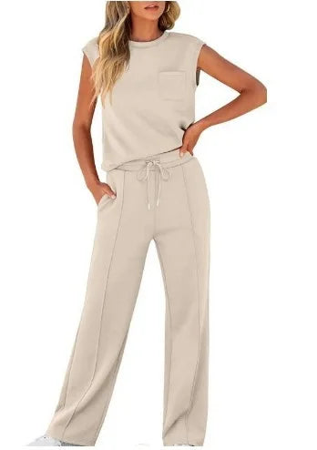 Women's Casual Two-Piece Set High Waist Wide Leg Pants Sleeveless Pure Color New Arrival Comfortable Summer Outfit