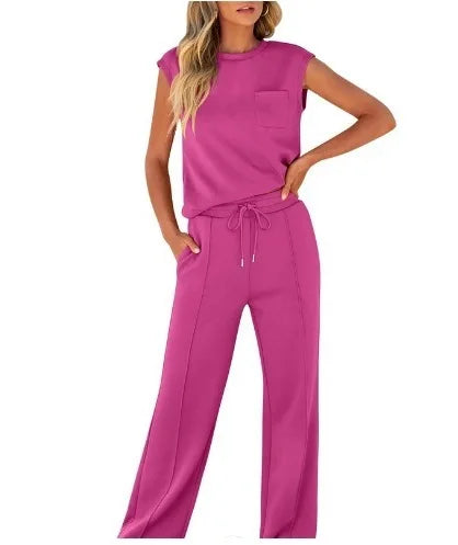 Women's Casual Two-Piece Set High Waist Wide Leg Pants Sleeveless Pure Color New Arrival Comfortable Summer Outfit