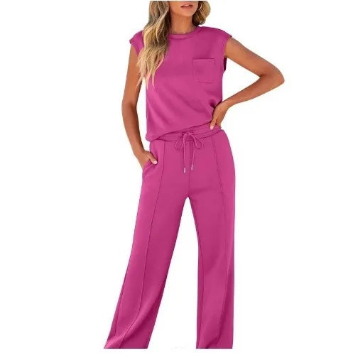Women's Casual Two-Piece Set High Waist Wide Leg Pants Sleeveless Pure Color New Arrival Comfortable Summer Outfit