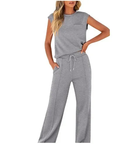 Women's Casual Two-Piece Set High Waist Wide Leg Pants Sleeveless Pure Color New Arrival Comfortable Summer Outfit