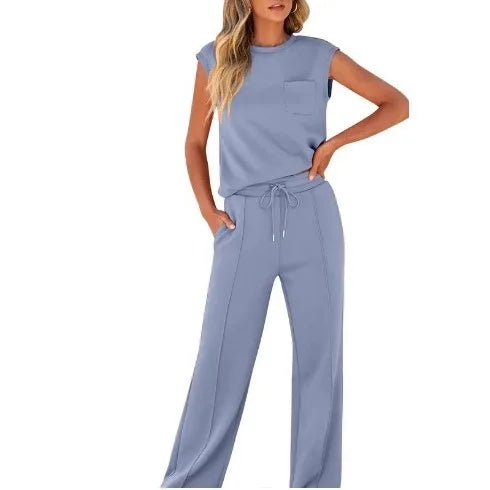 Women's Casual Two-Piece Set High Waist Wide Leg Pants Sleeveless Pure Color New Arrival Comfortable Summer Outfit