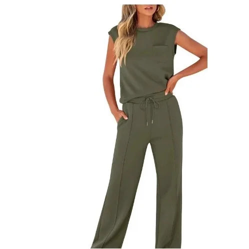 Women's Casual Two-Piece Set High Waist Wide Leg Pants Sleeveless Pure Color New Arrival Comfortable Summer Outfit