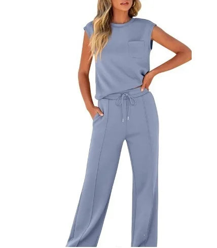 Women's Casual Two-Piece Set High Waist Wide Leg Pants Sleeveless Pure Color New Arrival Comfortable Summer Outfit